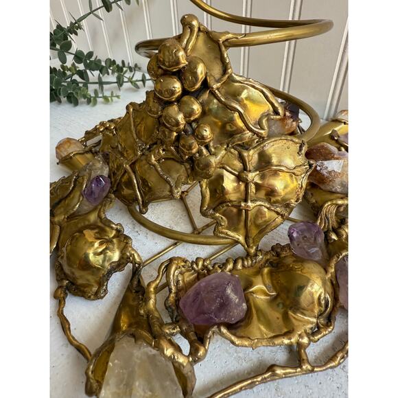 Vintage Handcrafted Brass Wine Bottle Holder | Amethyst & Quartz Gemstone - Picture 9 of 13